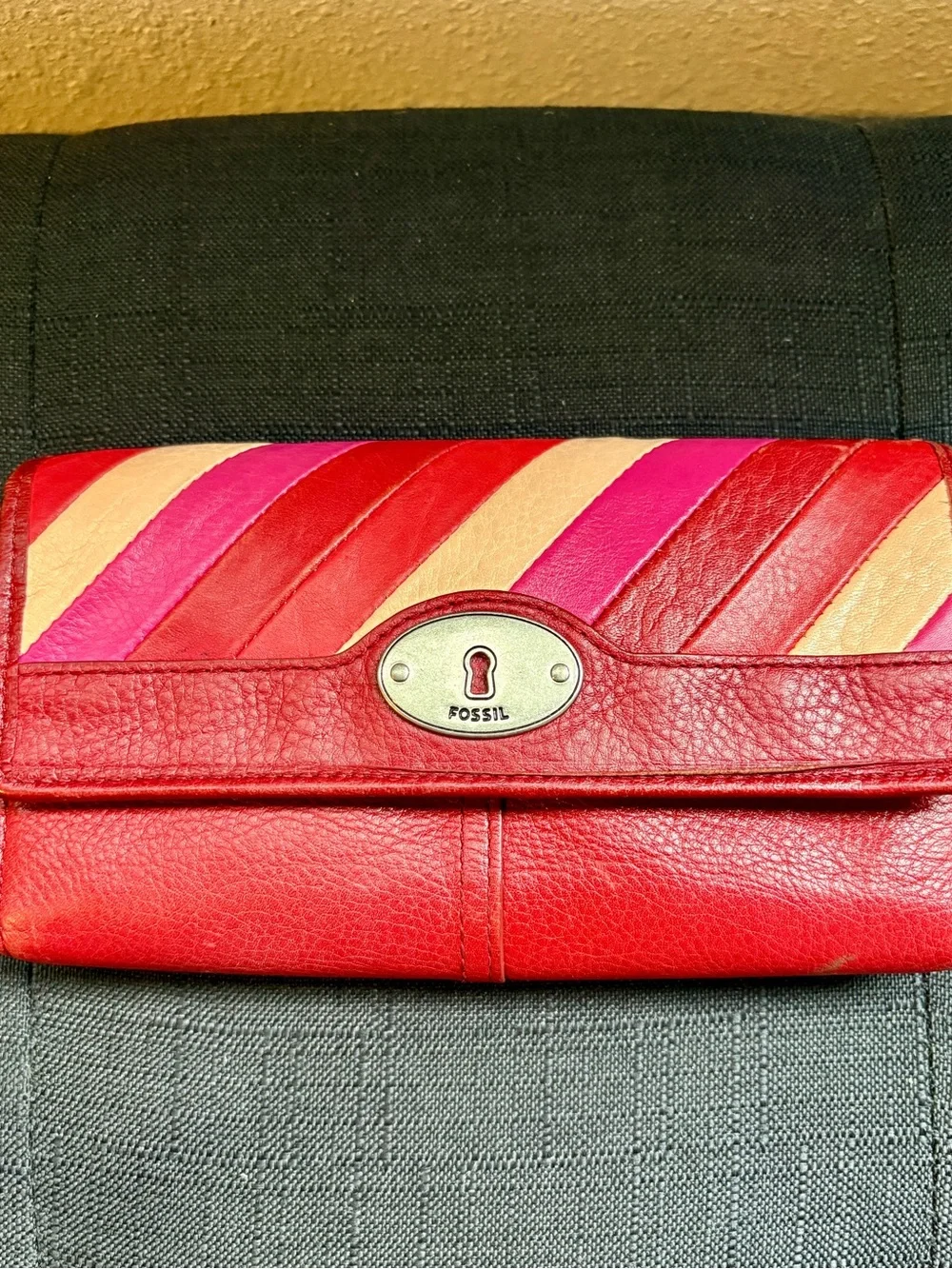 Fossil Red Leather Clutch with Pink and Cream Diagonal Stripes